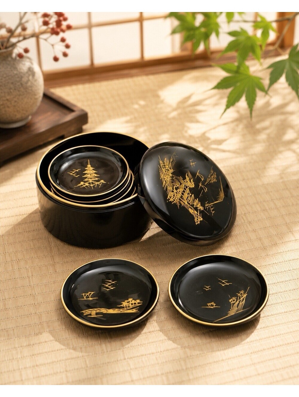Japanese Vintage 1970s Black Gold Lacquerware Coaster Set With Box, 3.5x2” AS IS